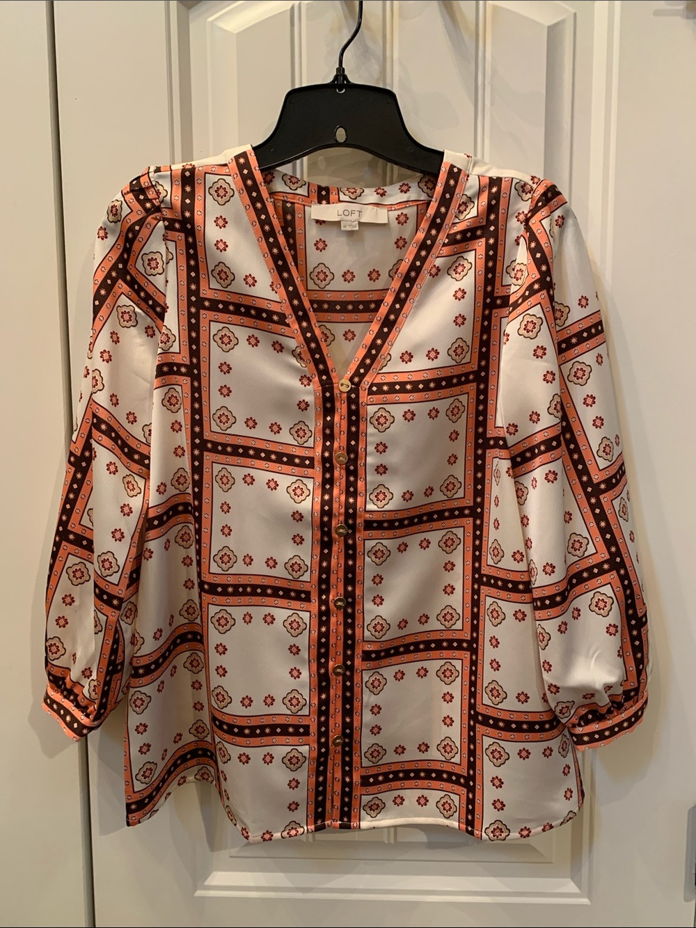 NWOT LOFT Cream, Orange and Brown Geometric V-Neck Button-Front Blouse